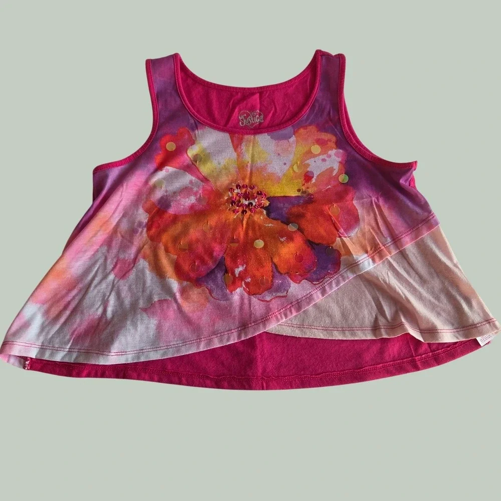 Justice Girls Pink Watercolor Flower Tank Top Sequin Layered Y2K Kidcore Size 12